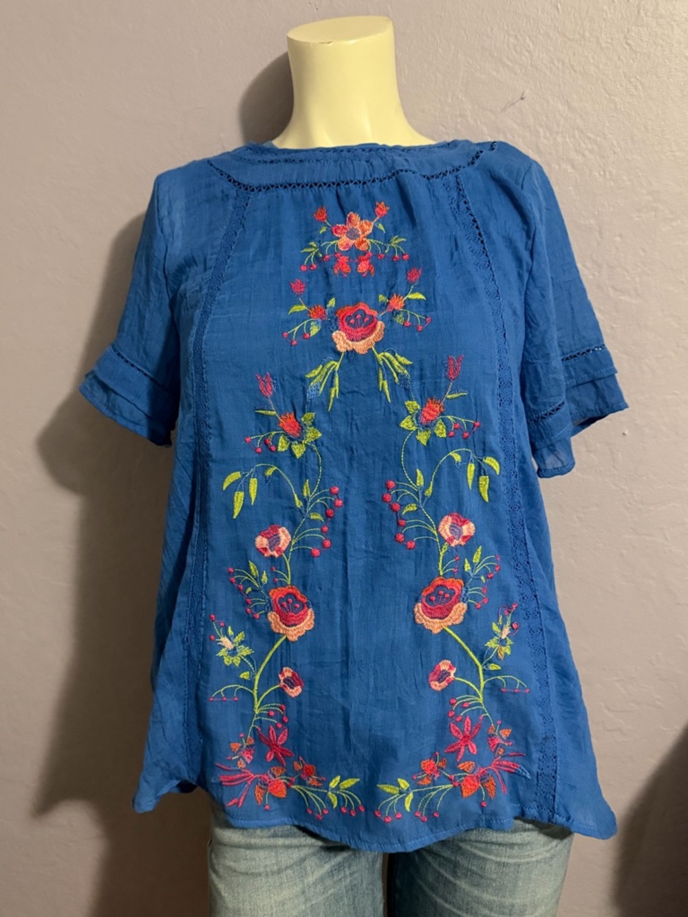 Embroidered Blue Womens Peasant Top - Floral Detail